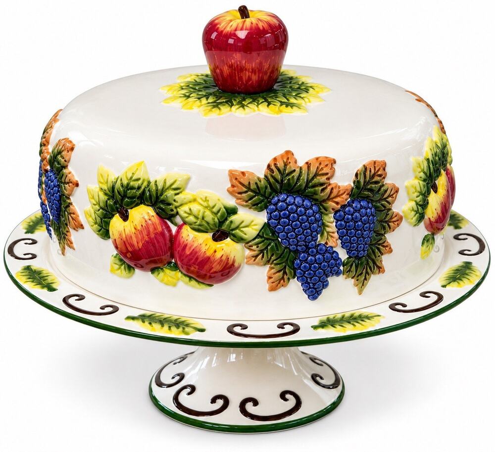 Raised Fruit Ceramic Cake Stand Pedestal Dome Cover Apple Grapes Tuscan Decor